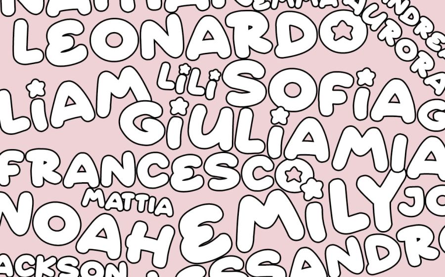 Immagine su sfondo rosa con tanti nomi per bambini scritti in bianco con contorno nero.